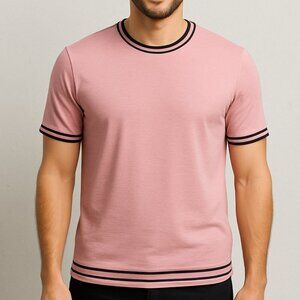 Men’s Alfani Stretch Short Sleeve Shirt Raspberry Pink with Black Trim, Size XL